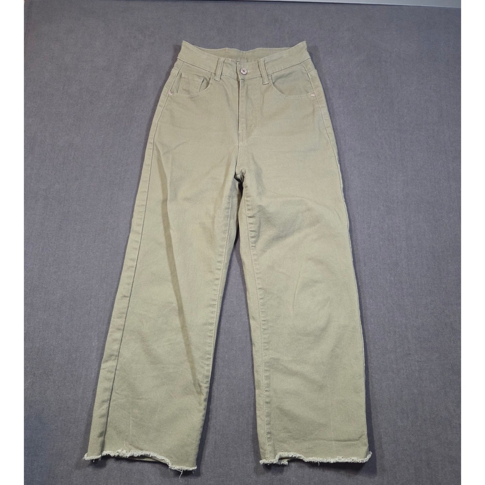 ALLIMY Wide Leg Pants Womens Size 2 Green High Rise Raw Hem Twill Trousers